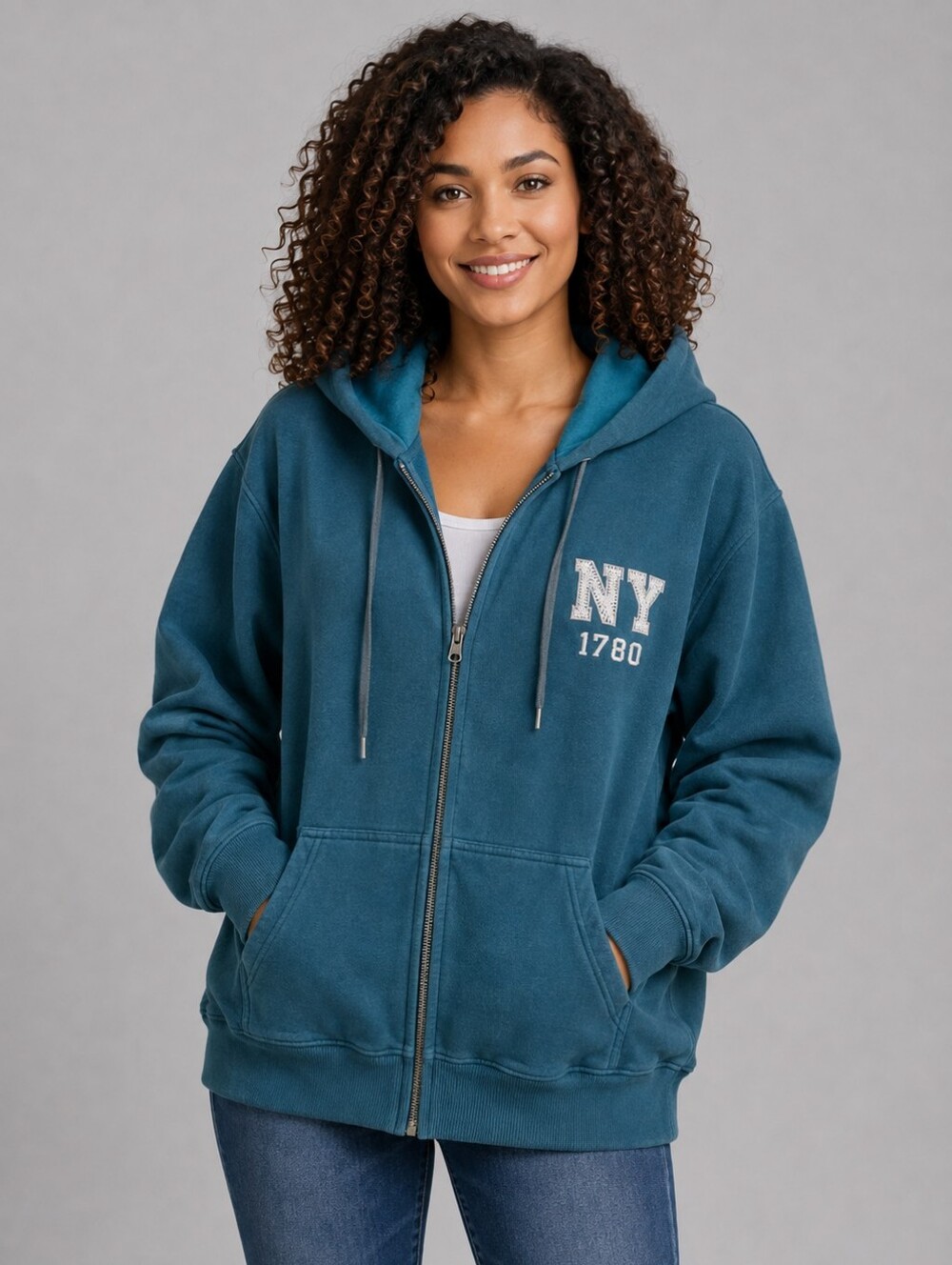 Gildan Teal Zip-Up Vintage Hooded Jacket with Embroidered 'NY 1780' Size-2XL